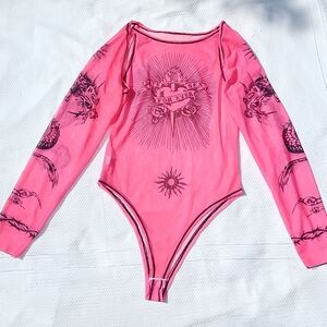 Pink Tattoo Mesh Bodysuit Dragon Sleeve Sheer Long Sleeve Y2K Rave Alt Top Sz L
